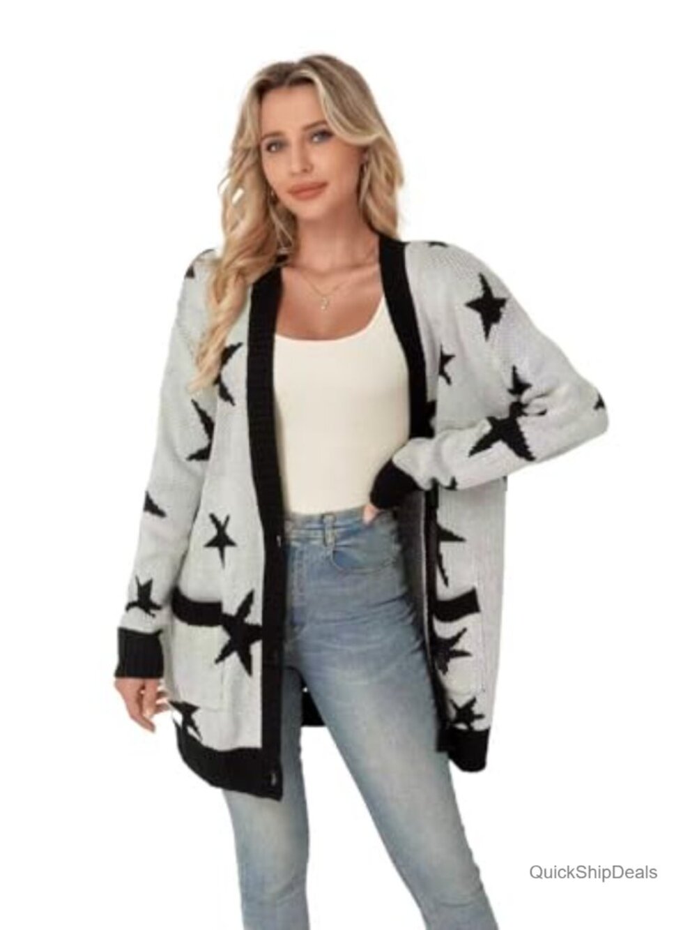 Women's Button Down Open Front Cardigan Star Bow Print Sweater